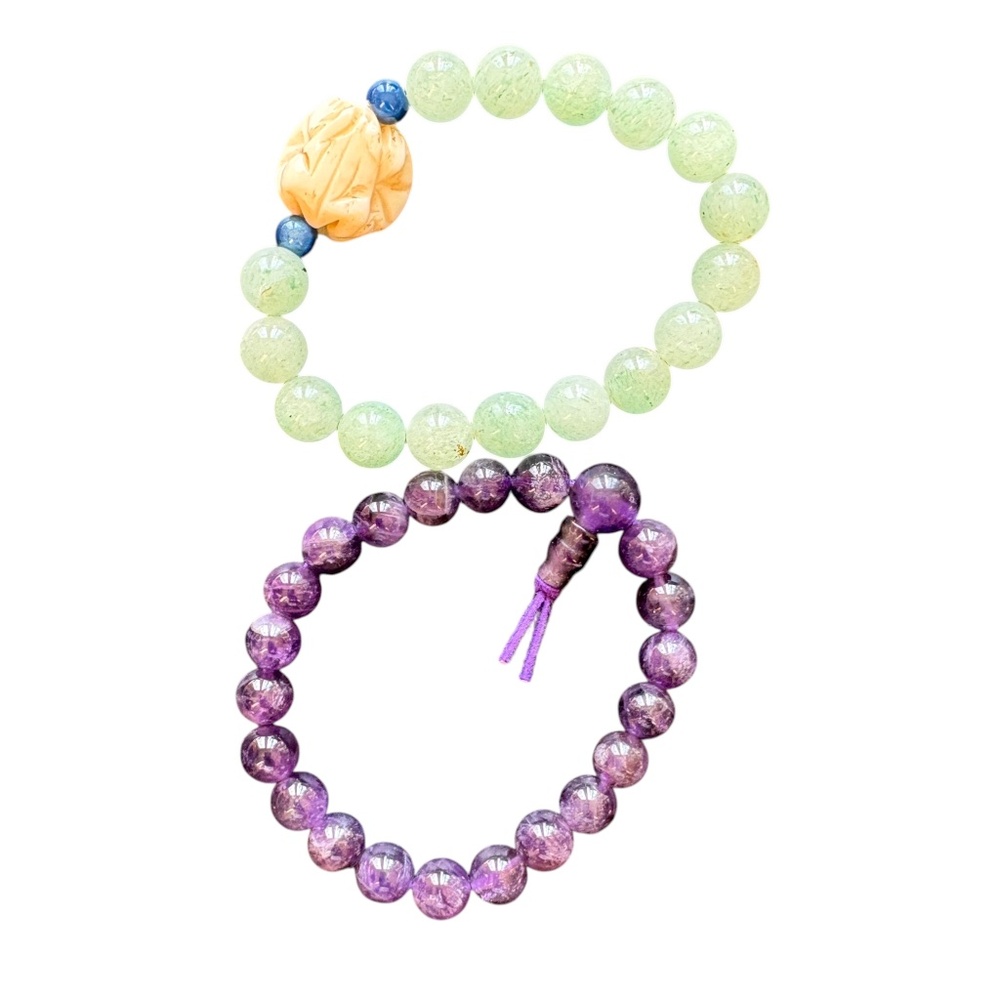 Bracelet Lot of 2 Amethyst Jade Beads Rabbit Charm Stretch Handmade Yoga Zen